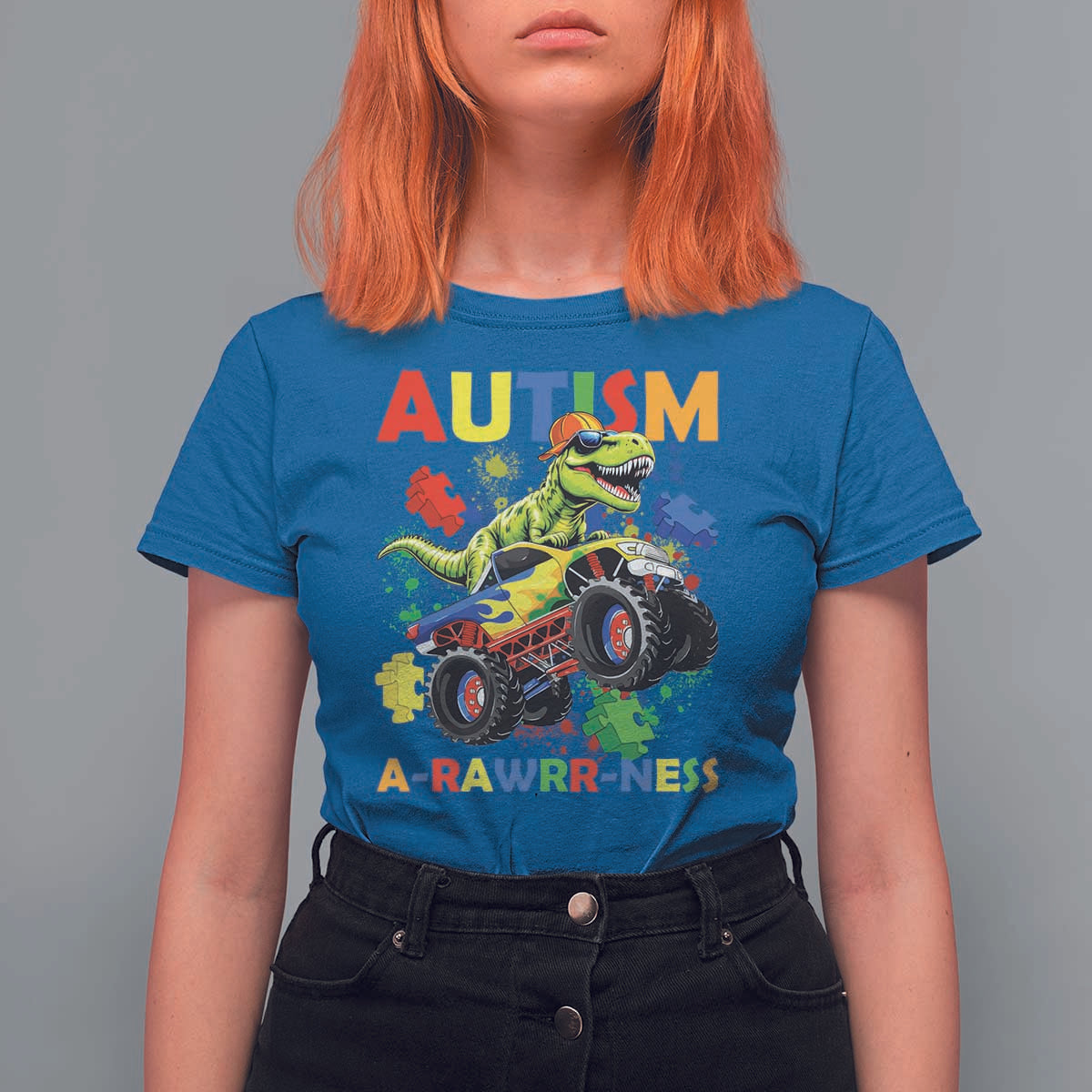 Funny Autism Awareness Dinosaur T Shirt For Women Autism Arawrrness Monster Truck Puzzle Pieces