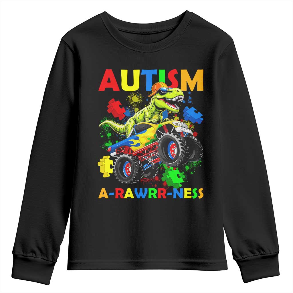 Funny Autism Awareness Dinosaur Youth Sweatshirt Autism Arawrrness Monster Truck Puzzle Pieces