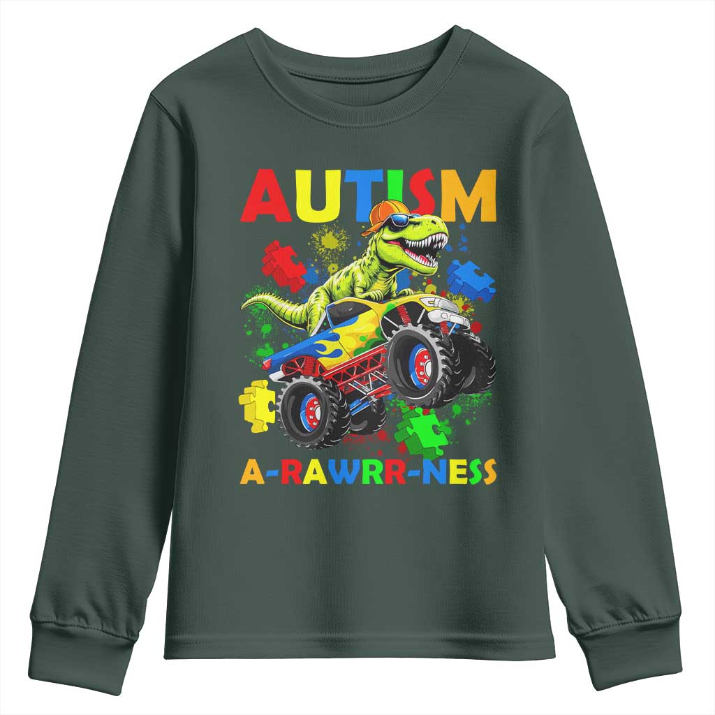Funny Autism Awareness Dinosaur Youth Sweatshirt Autism Arawrrness Monster Truck Puzzle Pieces