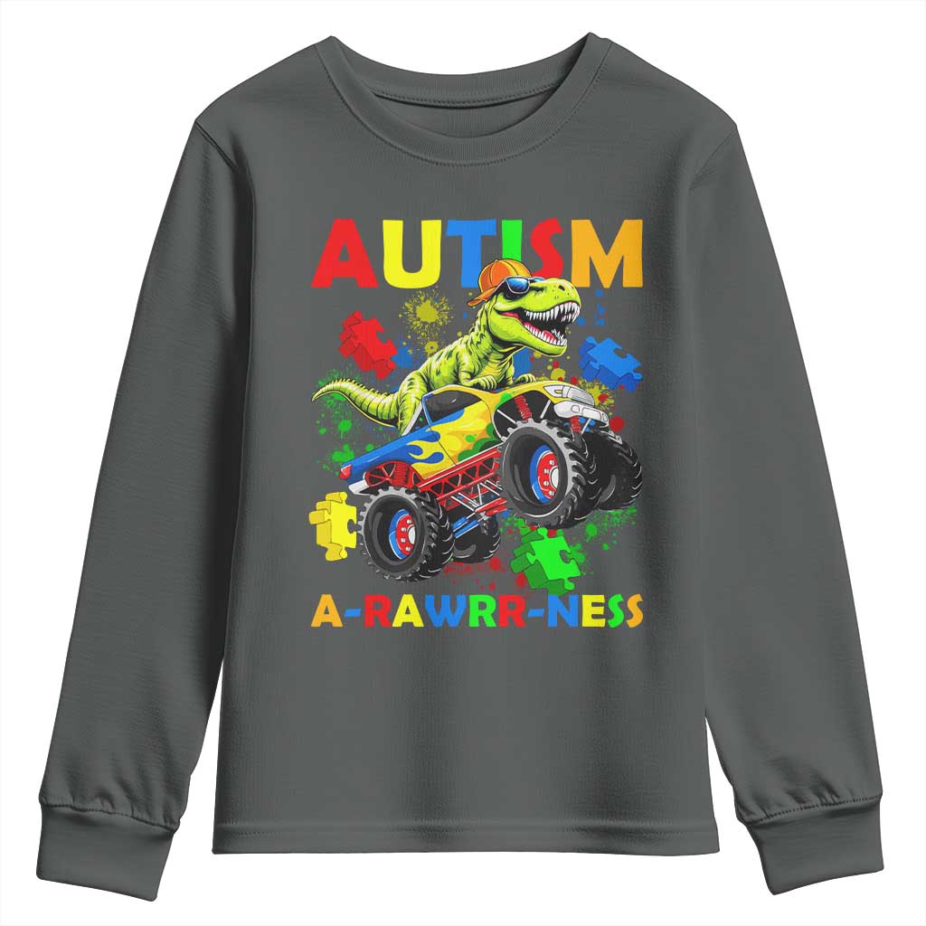 Funny Autism Awareness Dinosaur Youth Sweatshirt Autism Arawrrness Monster Truck Puzzle Pieces