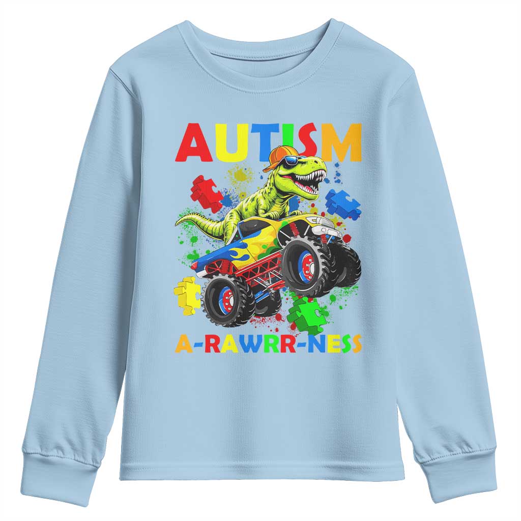Funny Autism Awareness Dinosaur Youth Sweatshirt Autism Arawrrness Monster Truck Puzzle Pieces