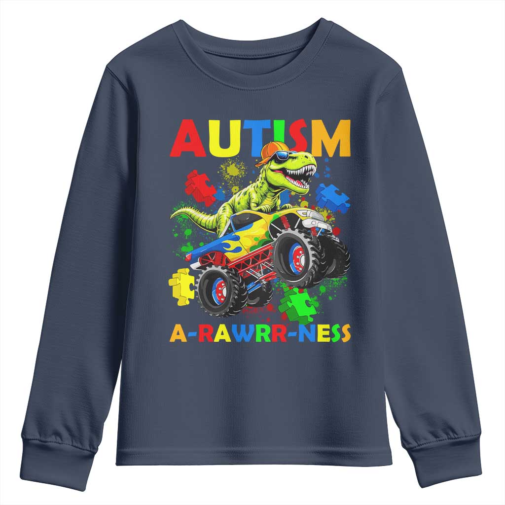 Funny Autism Awareness Dinosaur Youth Sweatshirt Autism Arawrrness Monster Truck Puzzle Pieces