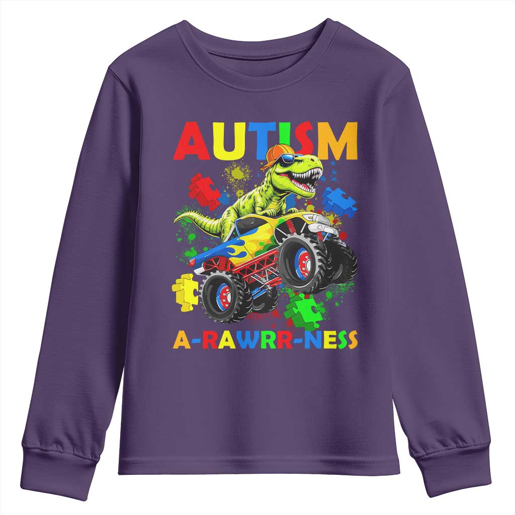 Funny Autism Awareness Dinosaur Youth Sweatshirt Autism Arawrrness Monster Truck Puzzle Pieces