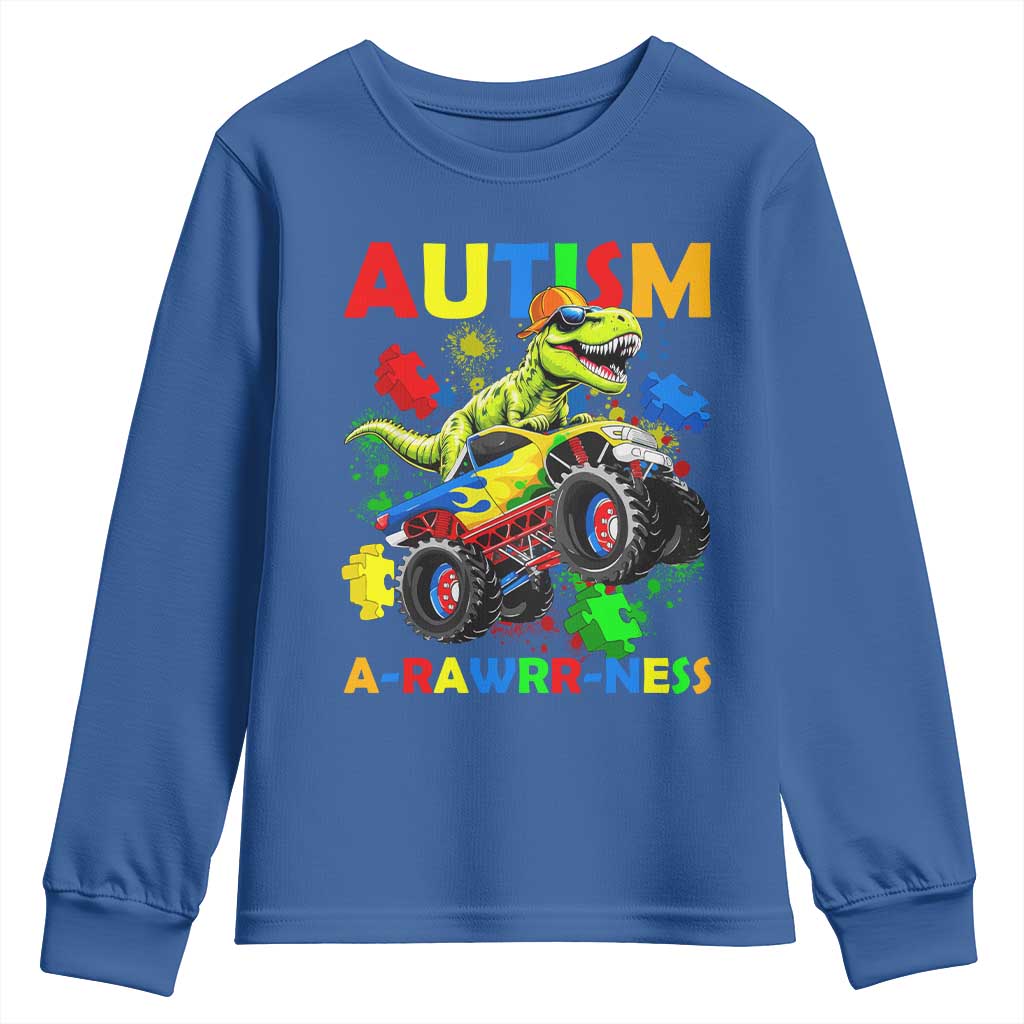 Funny Autism Awareness Dinosaur Youth Sweatshirt Autism Arawrrness Monster Truck Puzzle Pieces