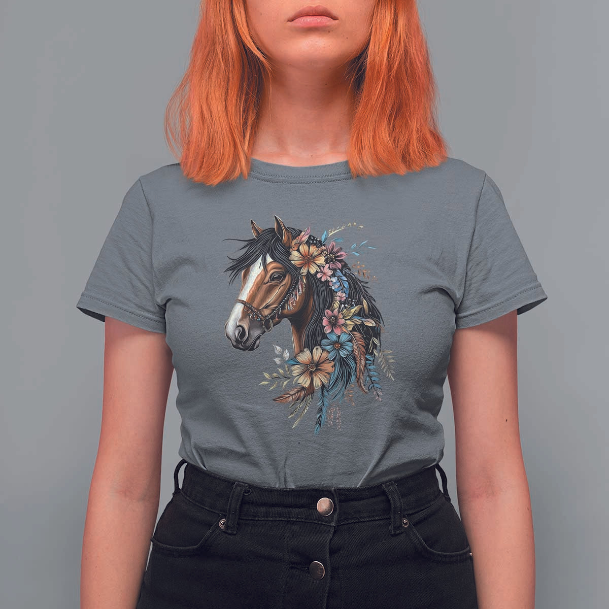 Floral Wild Horse Country Horse Riding T Shirt For Women