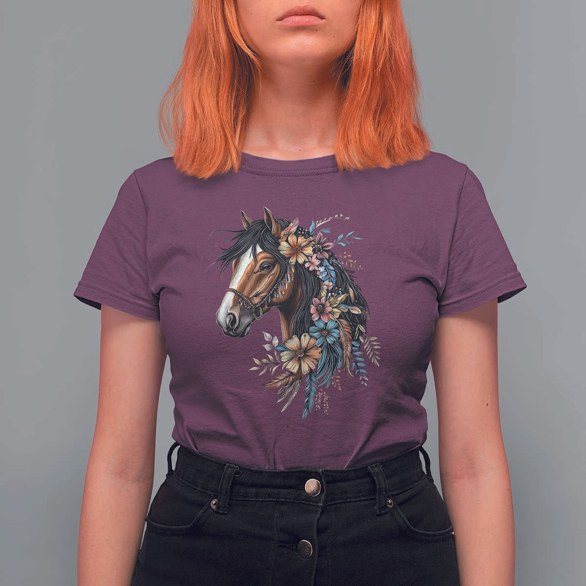 Floral Wild Horse Country Horse Riding T Shirt For Women