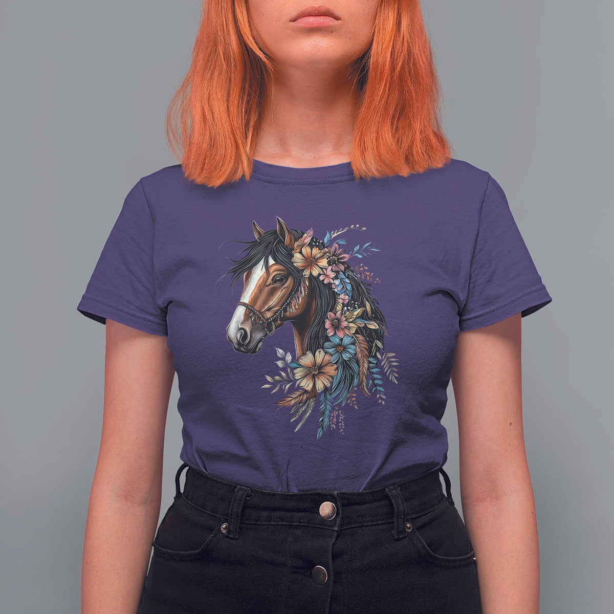 Floral Wild Horse Country Horse Riding T Shirt For Women