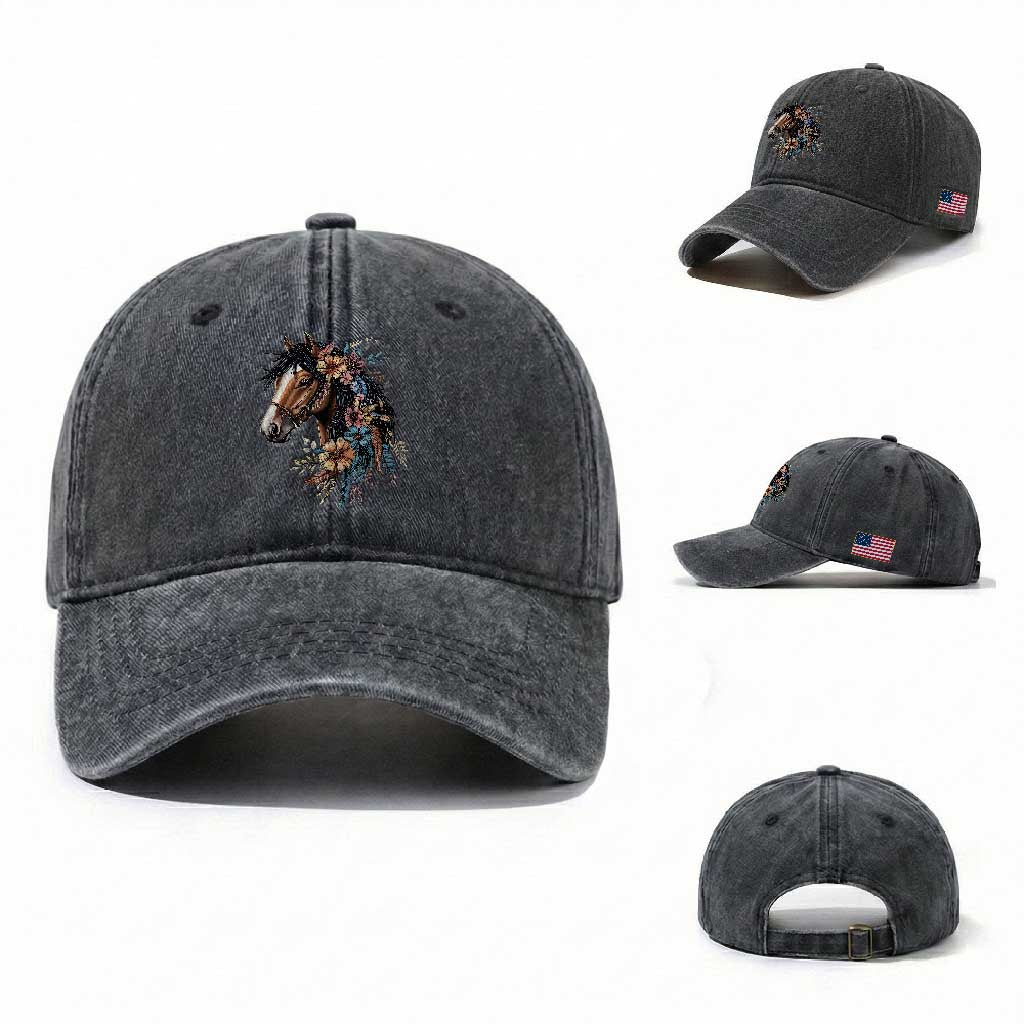 Floral Wild Horse Country Horse Riding Washed Cotton Baseball Cap