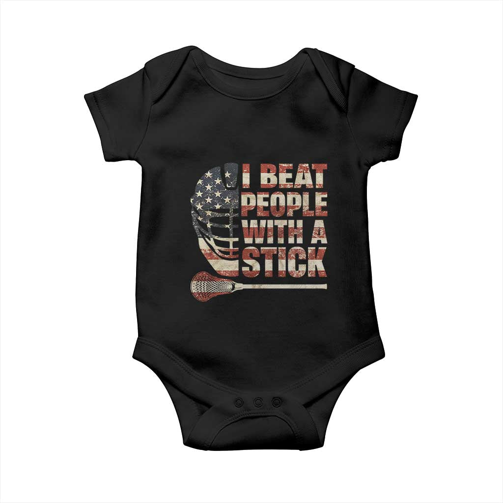Funny Lacrosse Lax Baby Onesie I Beat People With A Stick Vintage American Flag