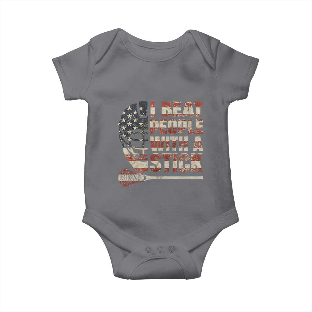 Funny Lacrosse Lax Baby Onesie I Beat People With A Stick Vintage American Flag