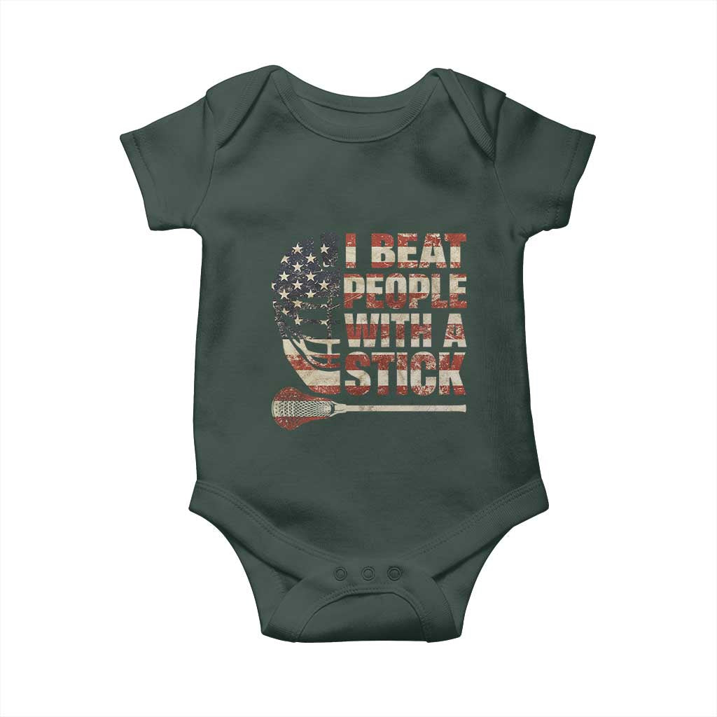 Funny Lacrosse Lax Baby Onesie I Beat People With A Stick Vintage American Flag