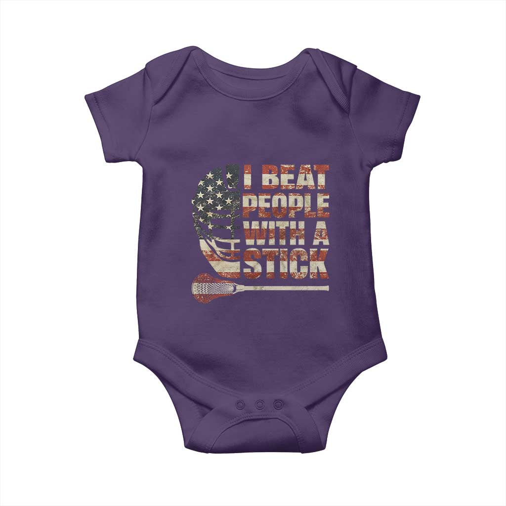 Funny Lacrosse Lax Baby Onesie I Beat People With A Stick Vintage American Flag