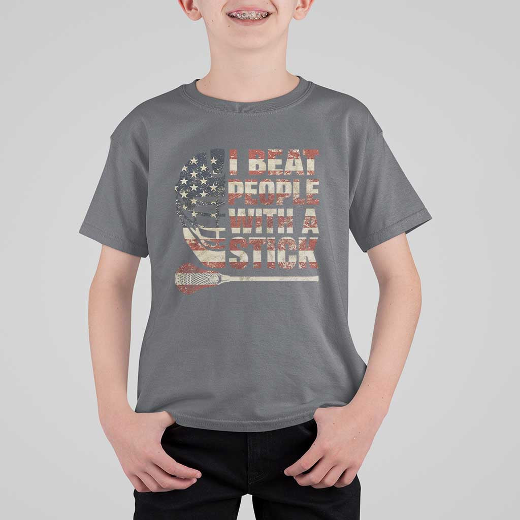 Funny Lacrosse Lax T Shirt For Kid I Beat People With A Stick Vintage American Flag