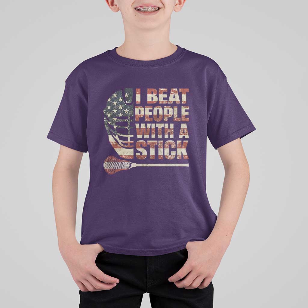 Funny Lacrosse Lax T Shirt For Kid I Beat People With A Stick Vintage American Flag