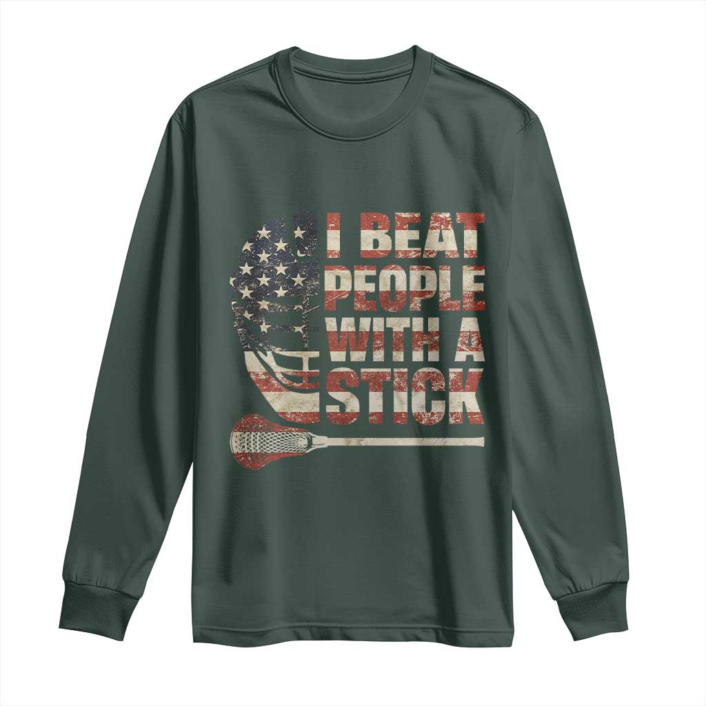 Funny Lacrosse Lax Long Sleeve Shirt I Beat People With A Stick Vintage American Flag