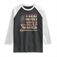 Funny Lacrosse Lax Raglan Shirt I Beat People With A Stick Vintage American Flag