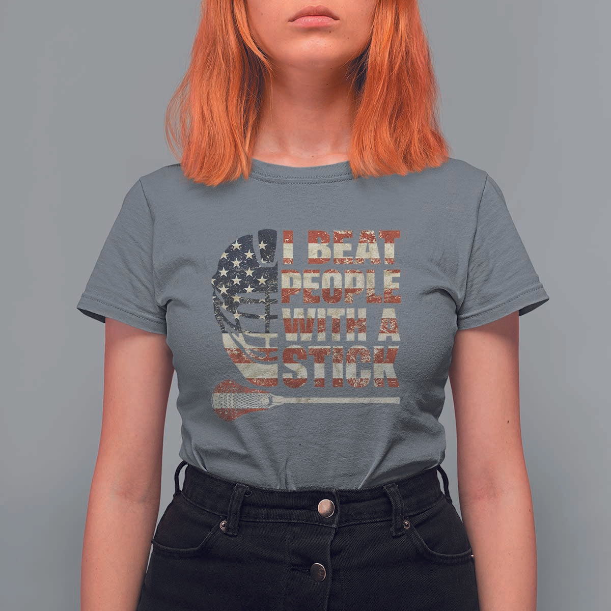 Funny Lacrosse Lax T Shirt For Women I Beat People With A Stick Vintage American Flag