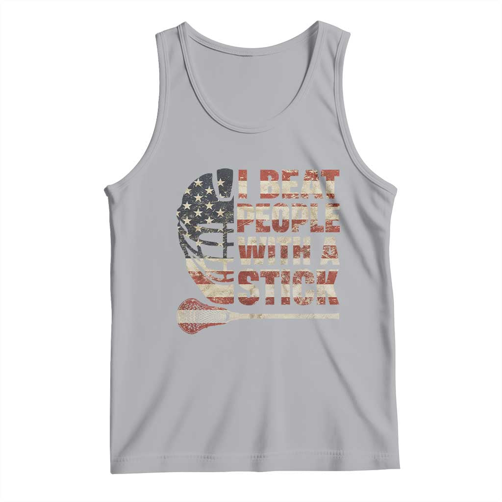 Funny Lacrosse Lax Tank Top I Beat People With A Stick Vintage American Flag