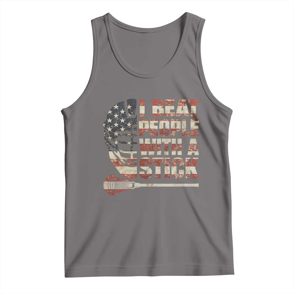 Funny Lacrosse Lax Tank Top I Beat People With A Stick Vintage American Flag