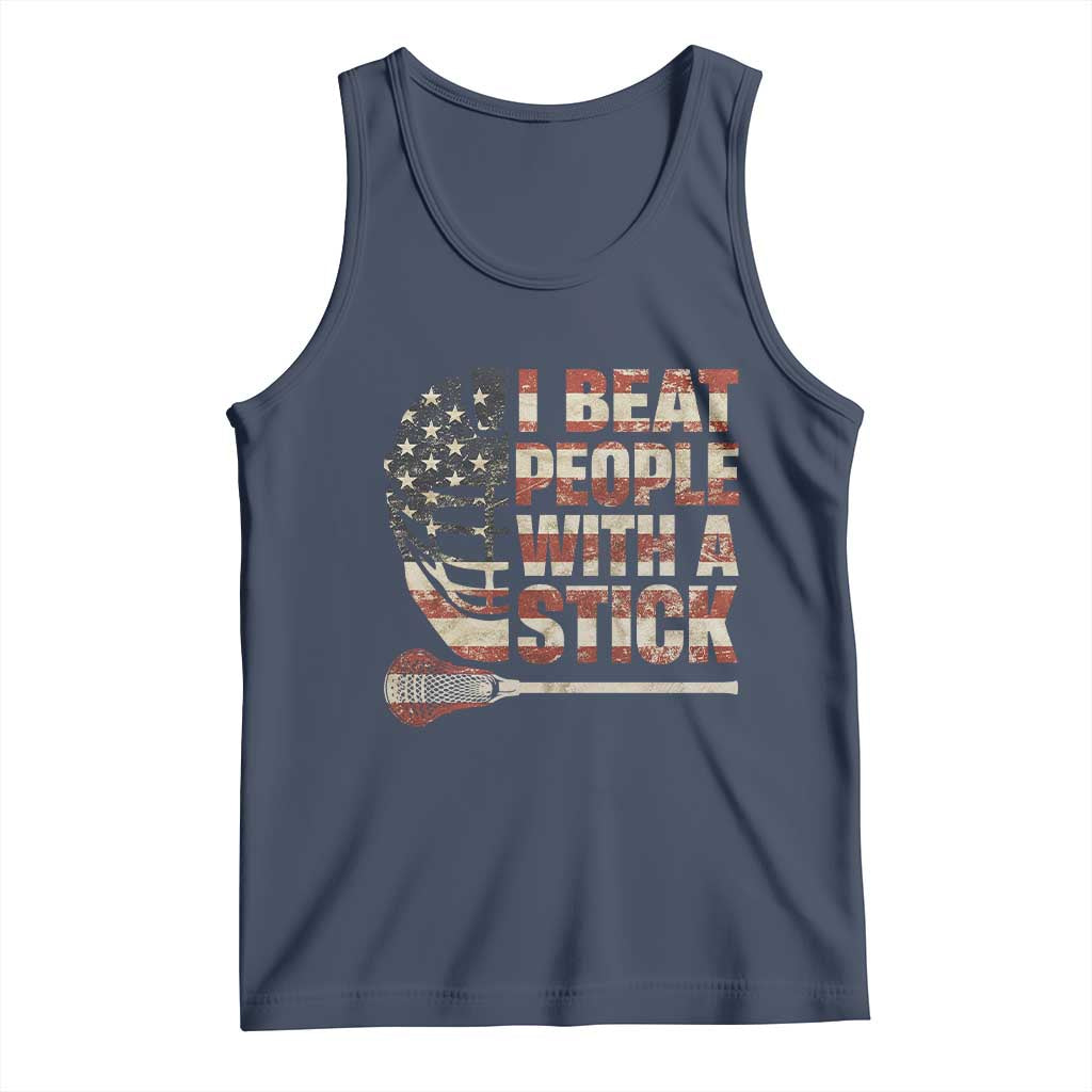 Funny Lacrosse Lax Tank Top I Beat People With A Stick Vintage American Flag
