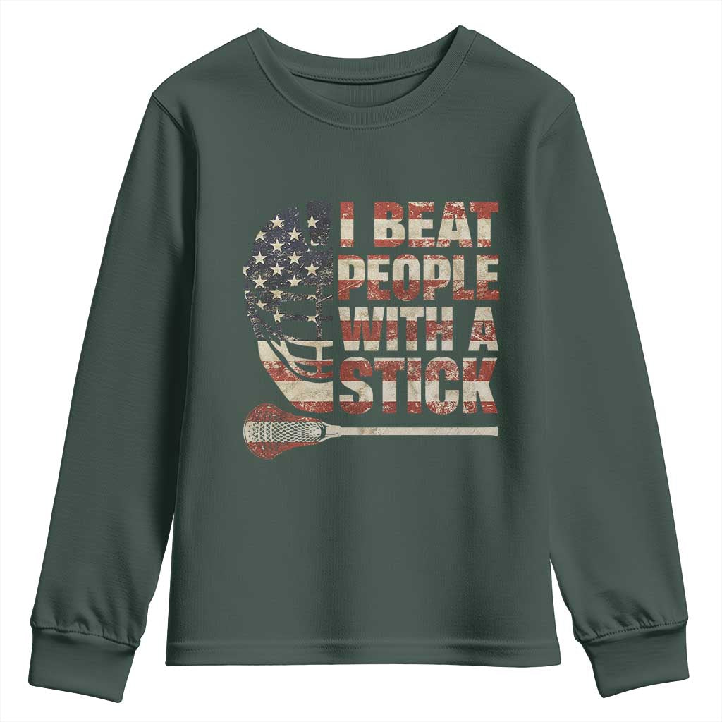 Funny Lacrosse Lax Youth Sweatshirt I Beat People With A Stick Vintage American Flag