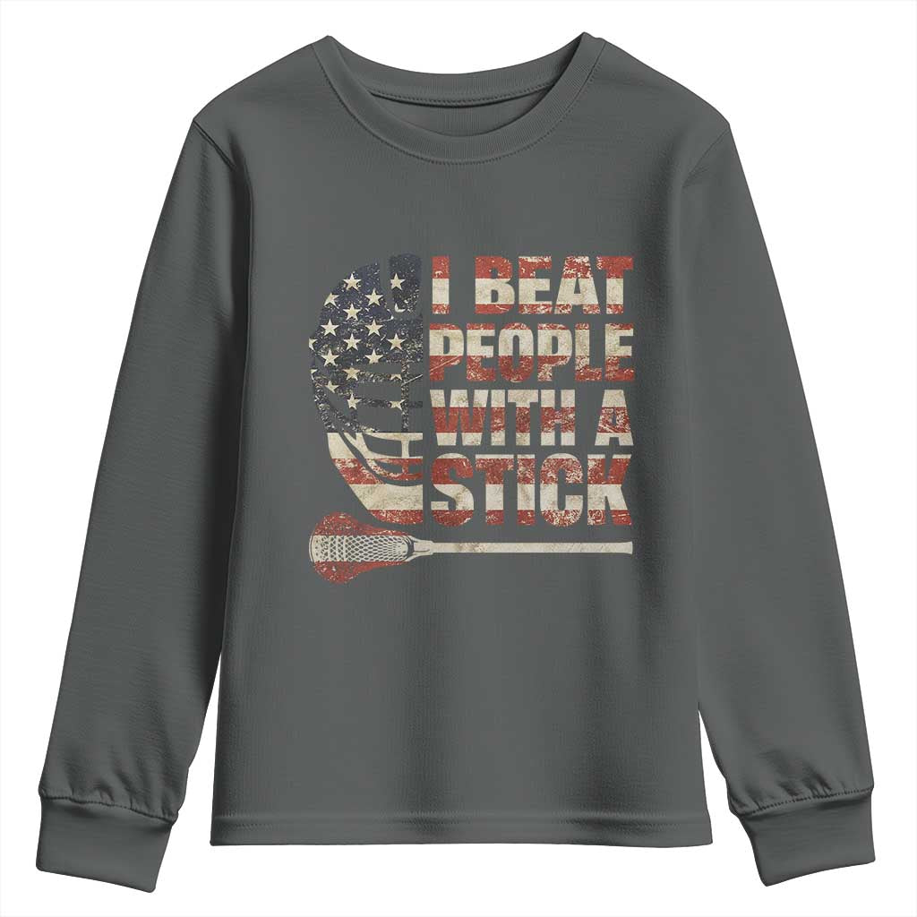 Funny Lacrosse Lax Youth Sweatshirt I Beat People With A Stick Vintage American Flag