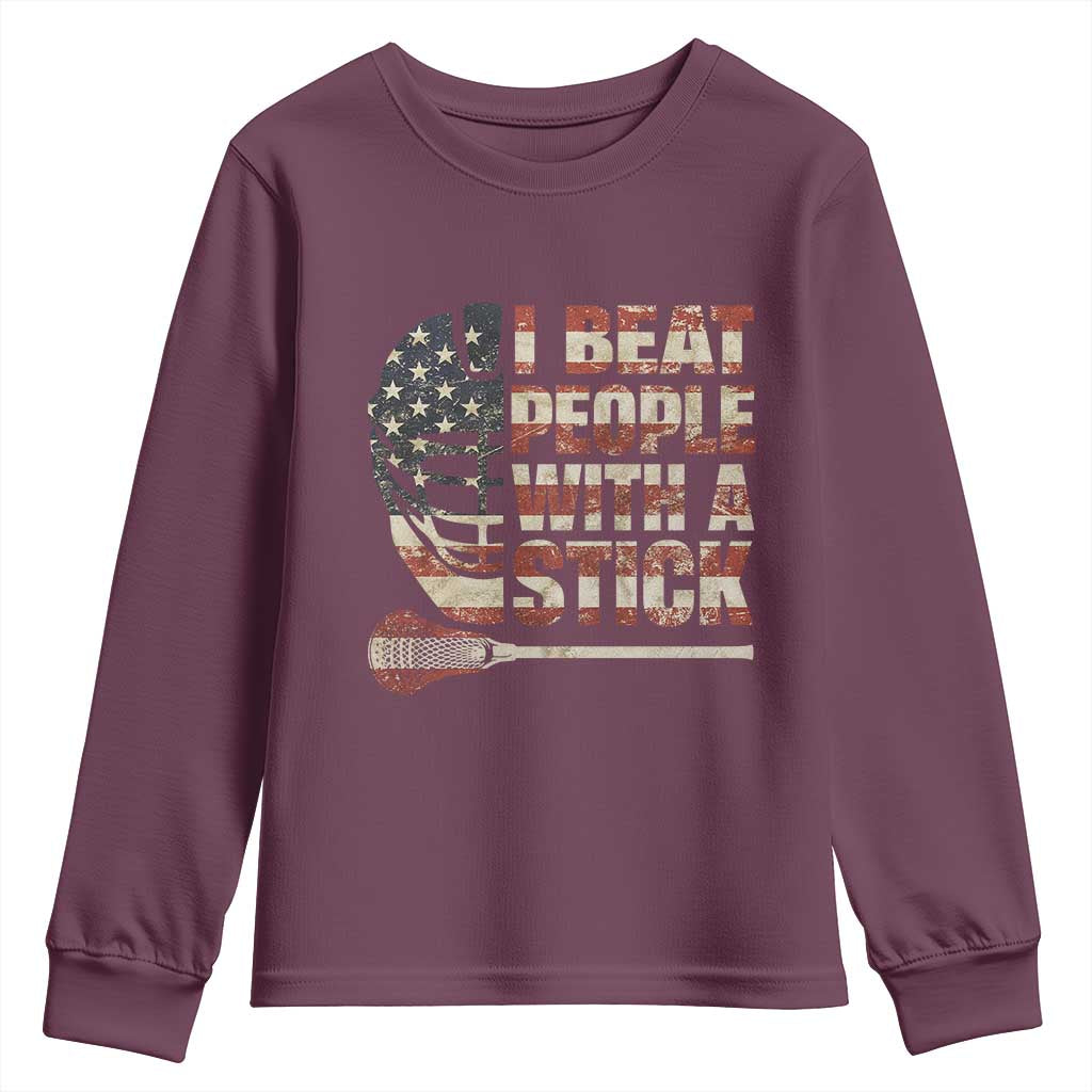 Funny Lacrosse Lax Youth Sweatshirt I Beat People With A Stick Vintage American Flag