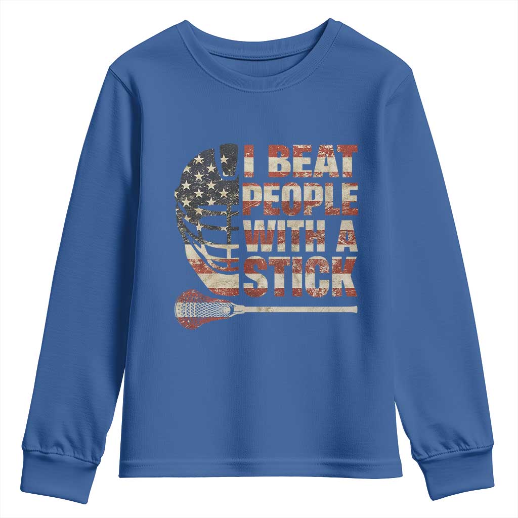 Funny Lacrosse Lax Youth Sweatshirt I Beat People With A Stick Vintage American Flag