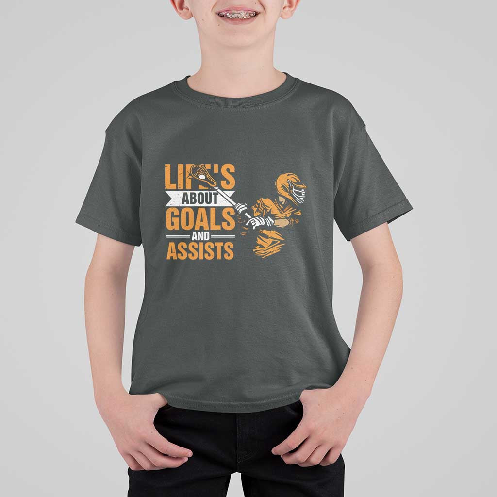 Funny Lacrosse Lax Player T Shirt For Kid Life's About Goals And Assists