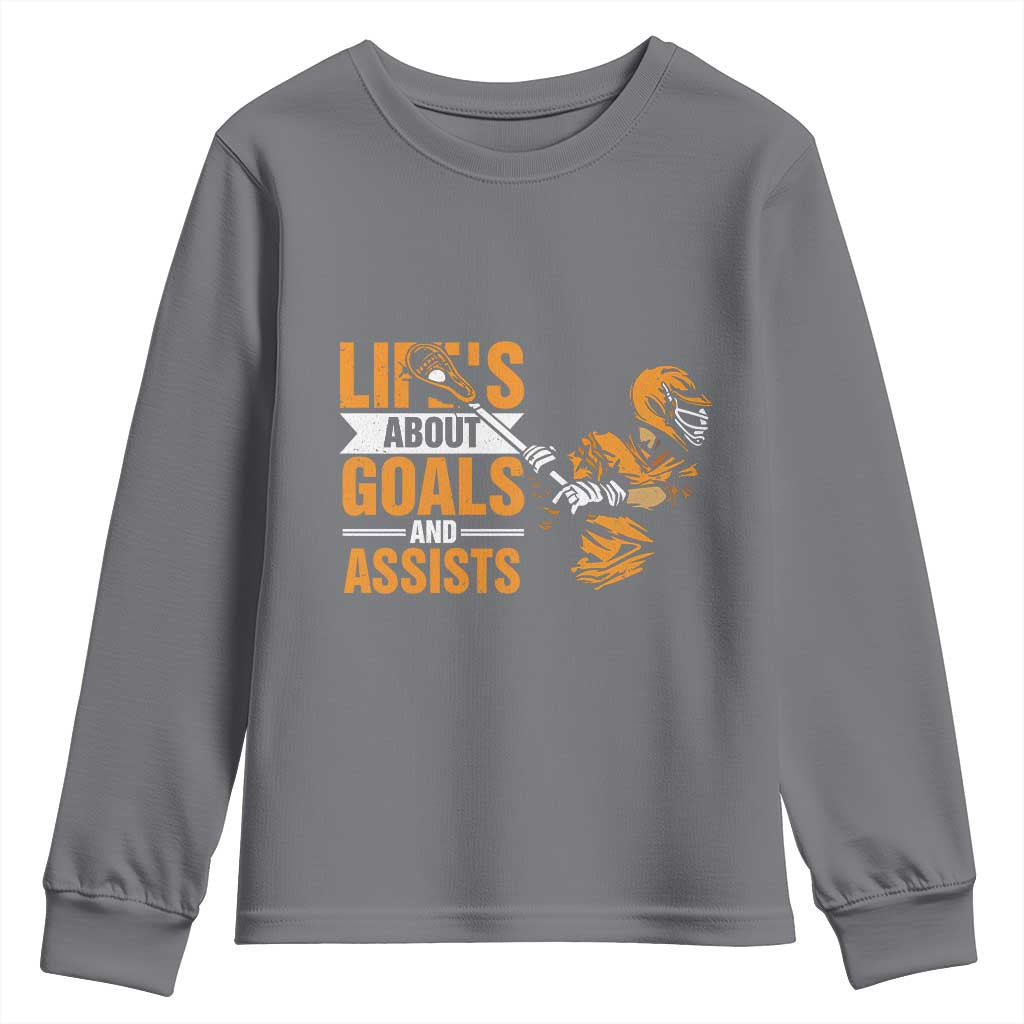 Funny Lacrosse Lax Player Youth Sweatshirt Life's About Goals And Assists