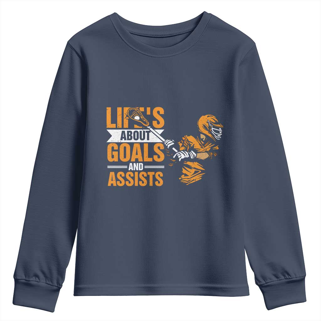 Funny Lacrosse Lax Player Youth Sweatshirt Life's About Goals And Assists