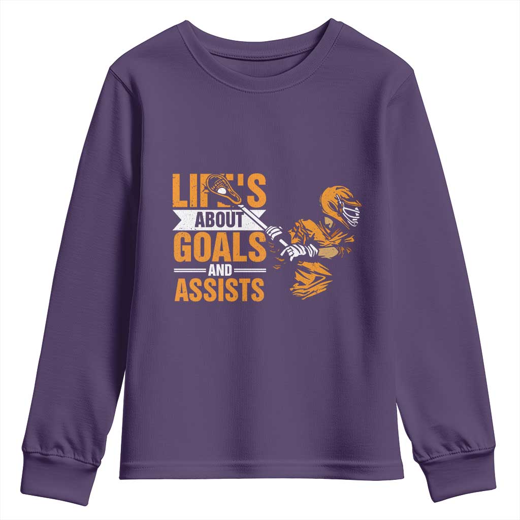 Funny Lacrosse Lax Player Youth Sweatshirt Life's About Goals And Assists
