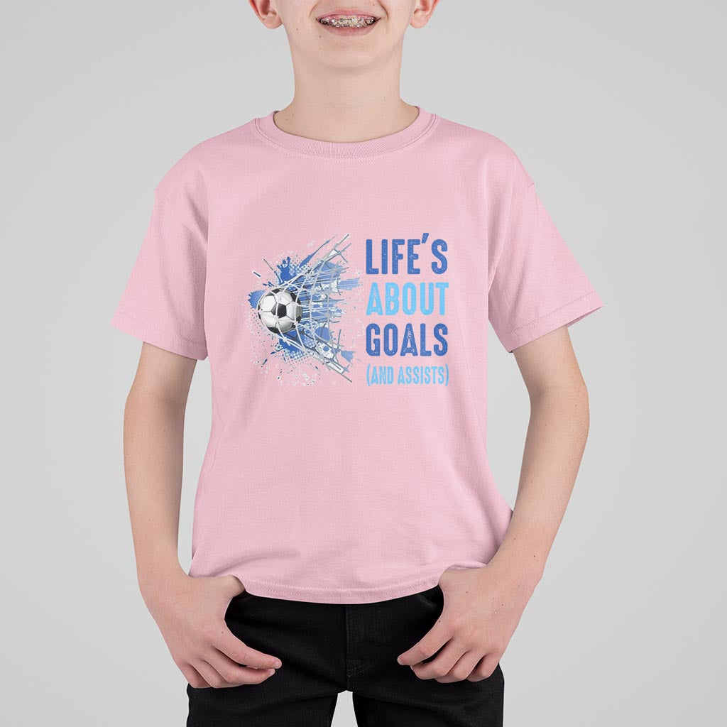 Soccer Lover T Shirt For Kid Life's About Goals And Assists Coach - Wonder Print Shop