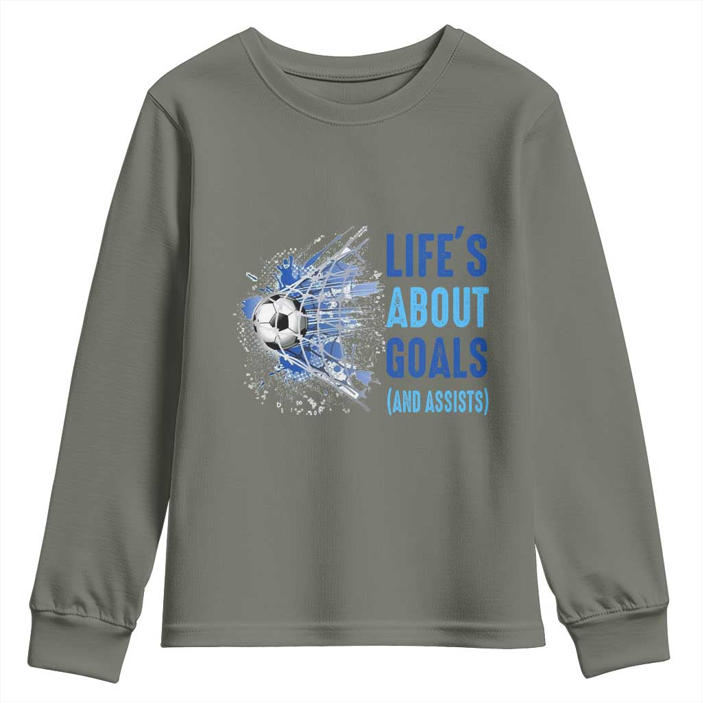 Soccer Lover Youth Sweatshirt Life's About Goals And Assists Coach - Wonder Print Shop