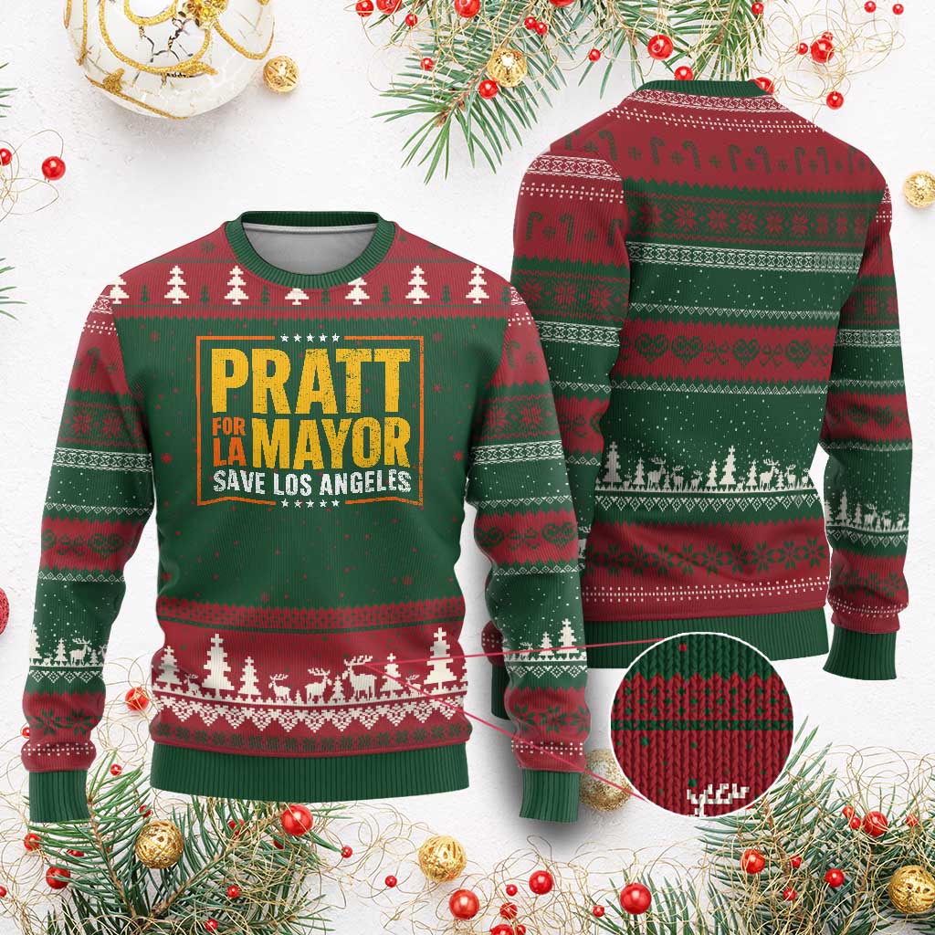 Pratt For Mayor Save Los Angeles Ugly Christmas Sweater Spencer Supporter