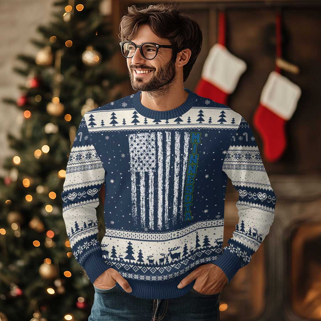 Minnesota MN State Pride Vintage American Flag Ugly Christmas Sweater