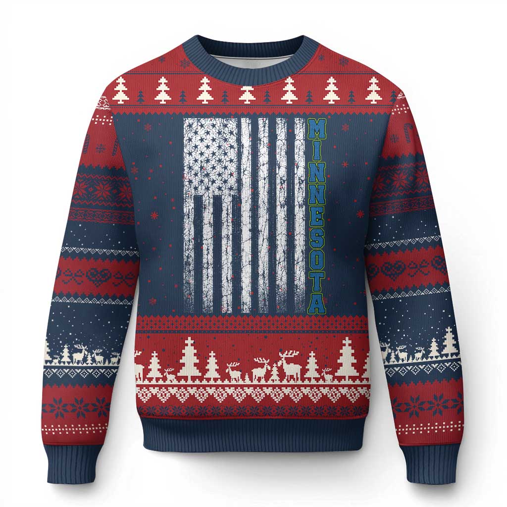 Minnesota MN State Pride Vintage American Flag Ugly Christmas Sweater