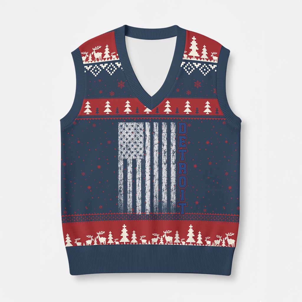 Detroit Michigan State Pride Vintage American Flag V-Neck Knit Sweater Vest