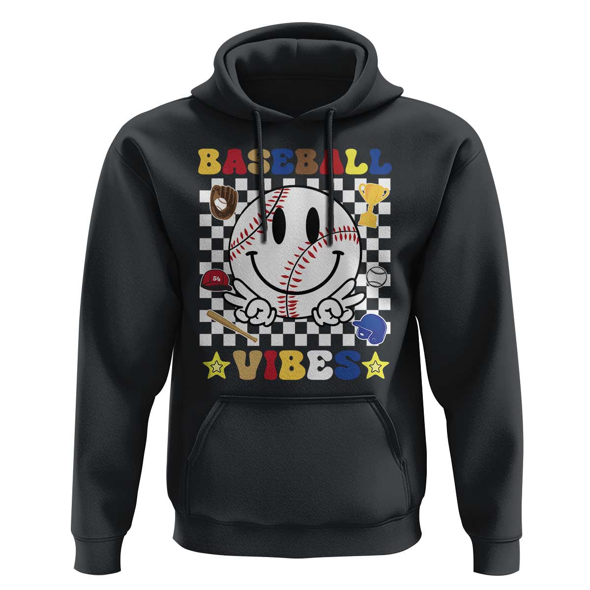 Funny Baseball Vibes Hoodie Retro Groove Green Ball Smiley Face - Wonder Print Shop