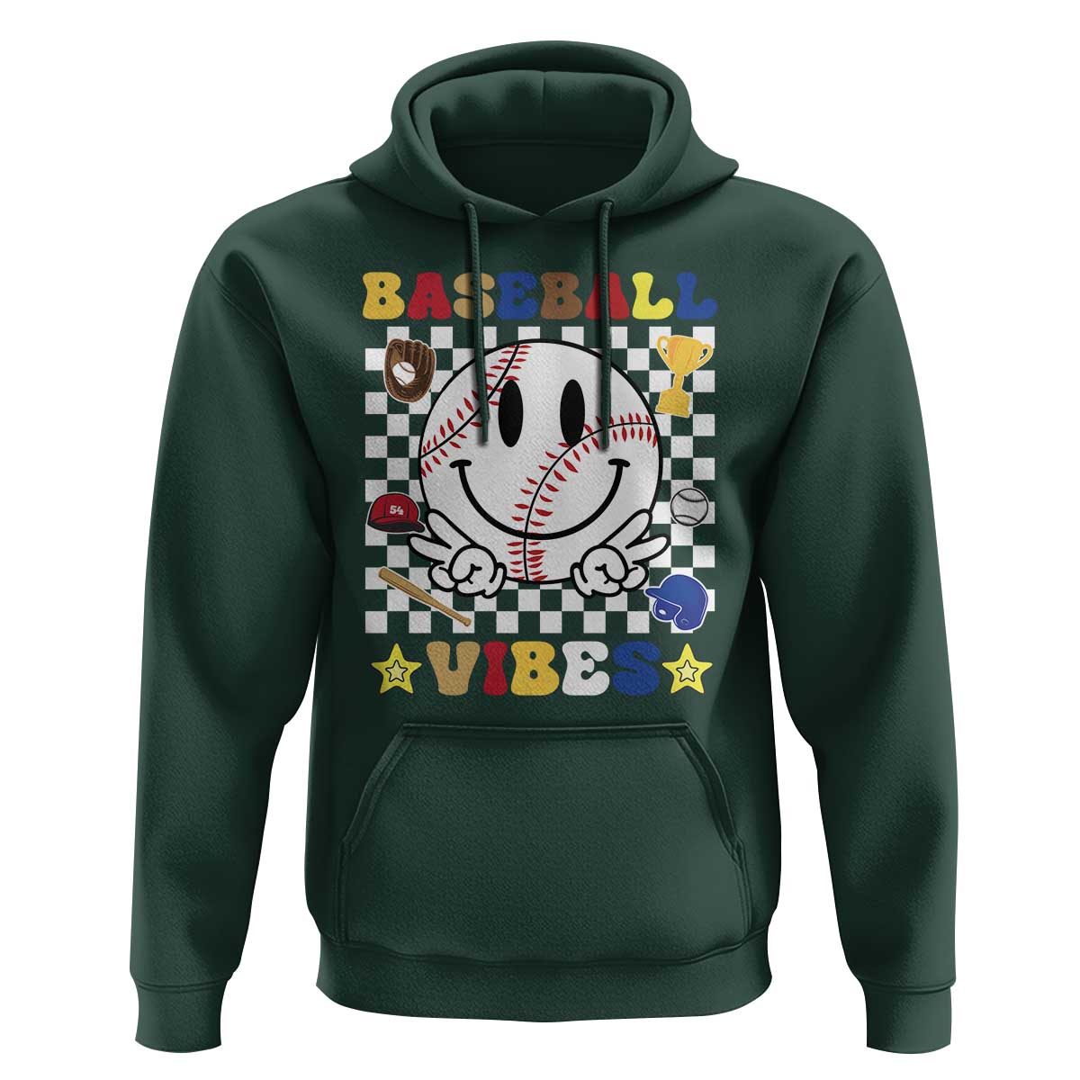 Funny Baseball Vibes Hoodie Retro Groove Green Ball Smiley Face - Wonder Print Shop