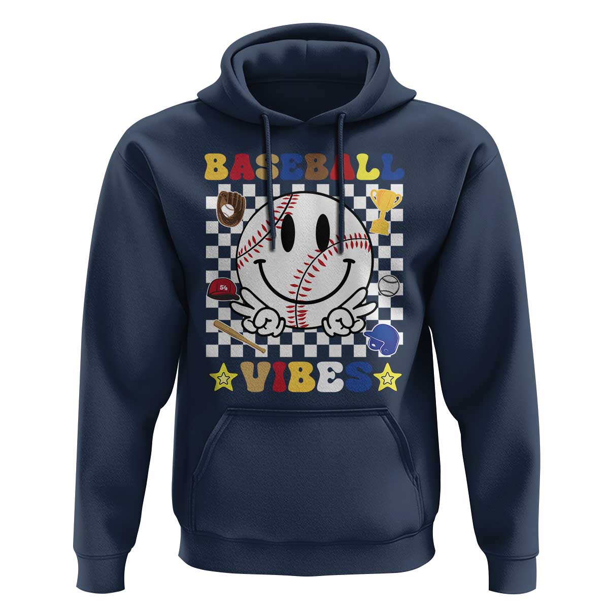 Funny Baseball Vibes Hoodie Retro Groove Green Ball Smiley Face - Wonder Print Shop