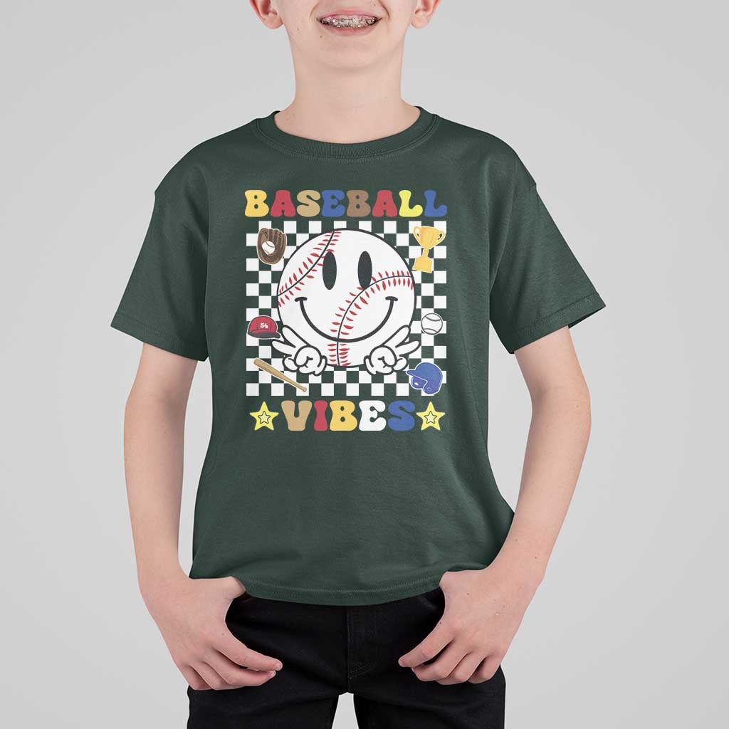 Funny Baseball Vibes T Shirt For Kid Retro Groove Green Ball Smiley Face - Wonder Print Shop