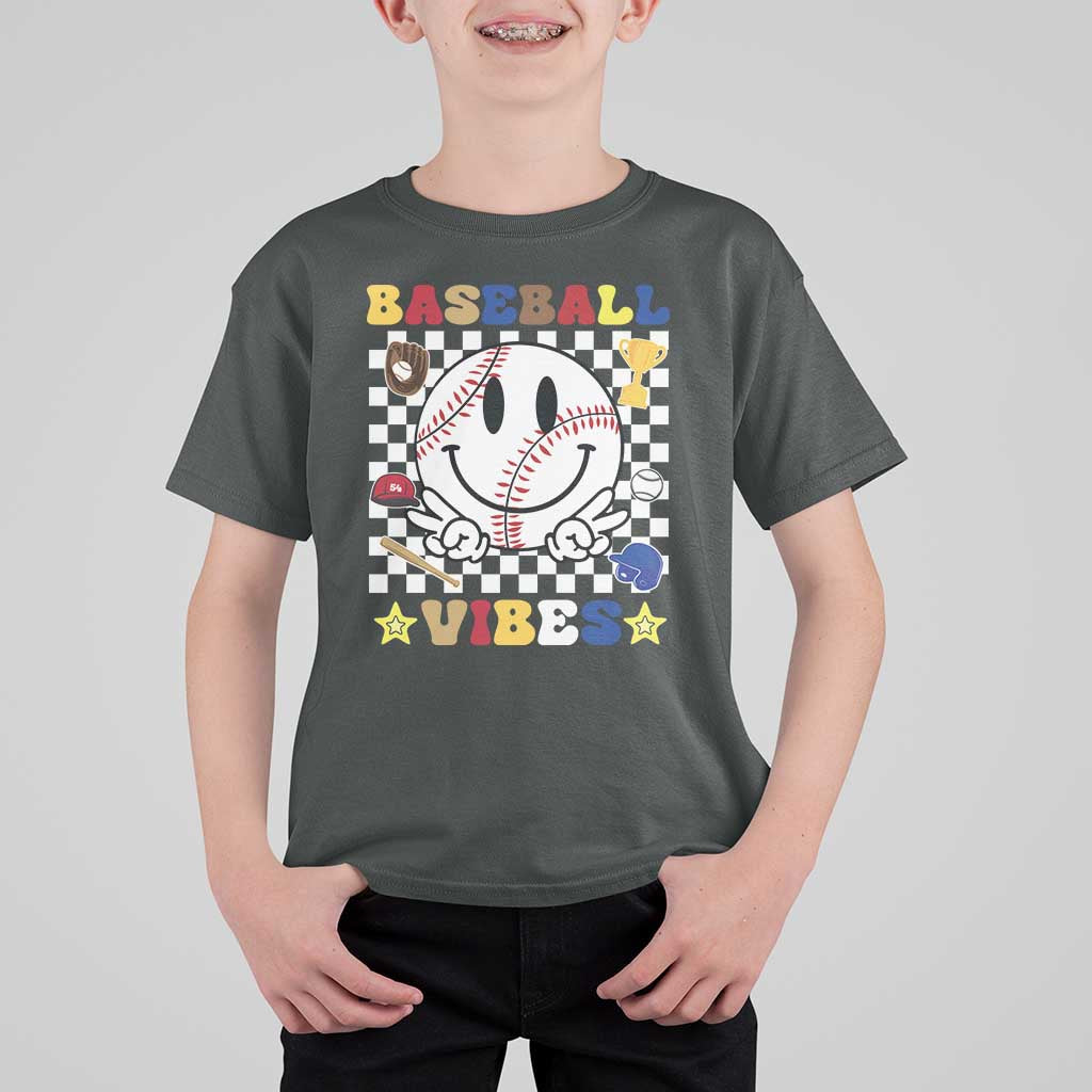 Funny Baseball Vibes T Shirt For Kid Retro Groove Green Ball Smiley Face - Wonder Print Shop