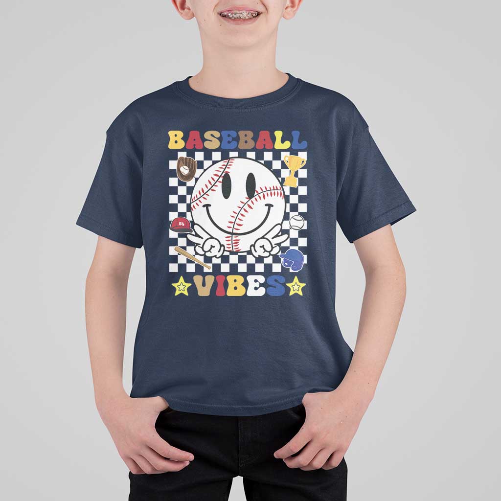Funny Baseball Vibes T Shirt For Kid Retro Groove Green Ball Smiley Face - Wonder Print Shop