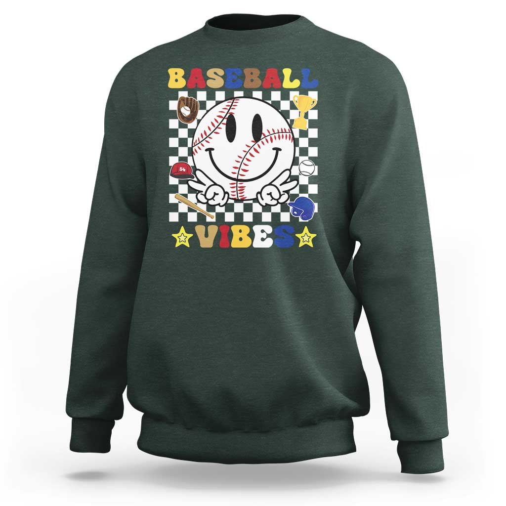 Funny Baseball Vibes Sweatshirt Retro Groove Green Ball Smiley Face - Wonder Print Shop