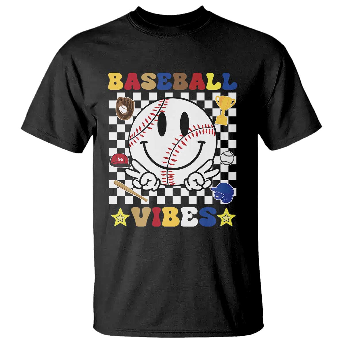 Funny Baseball Vibes T Shirt Retro Groove Green Ball Smiley Face - Wonder Print Shop