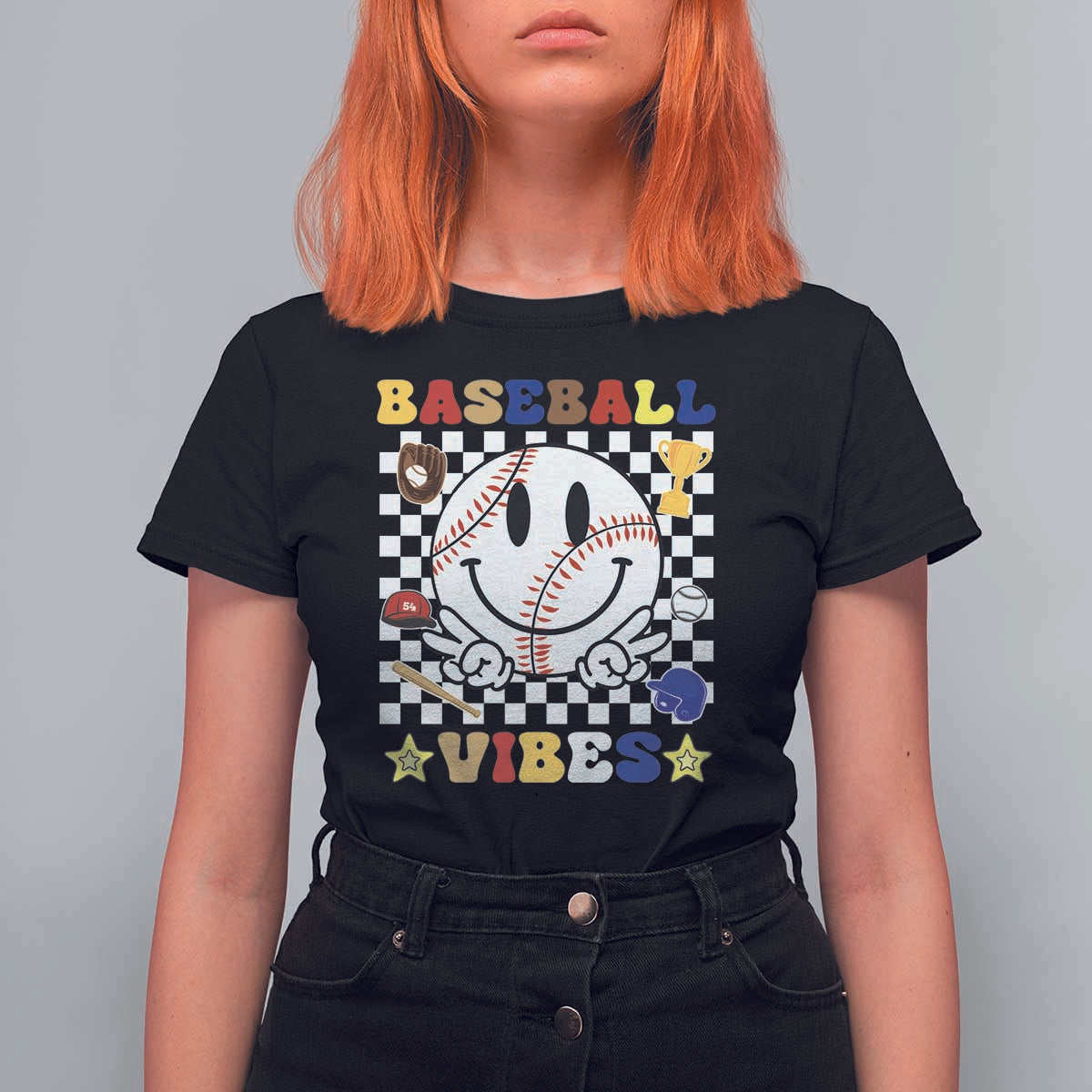 Funny Baseball Vibes T Shirt For Women Retro Groove Green Ball Smiley Face - Wonder Print Shop