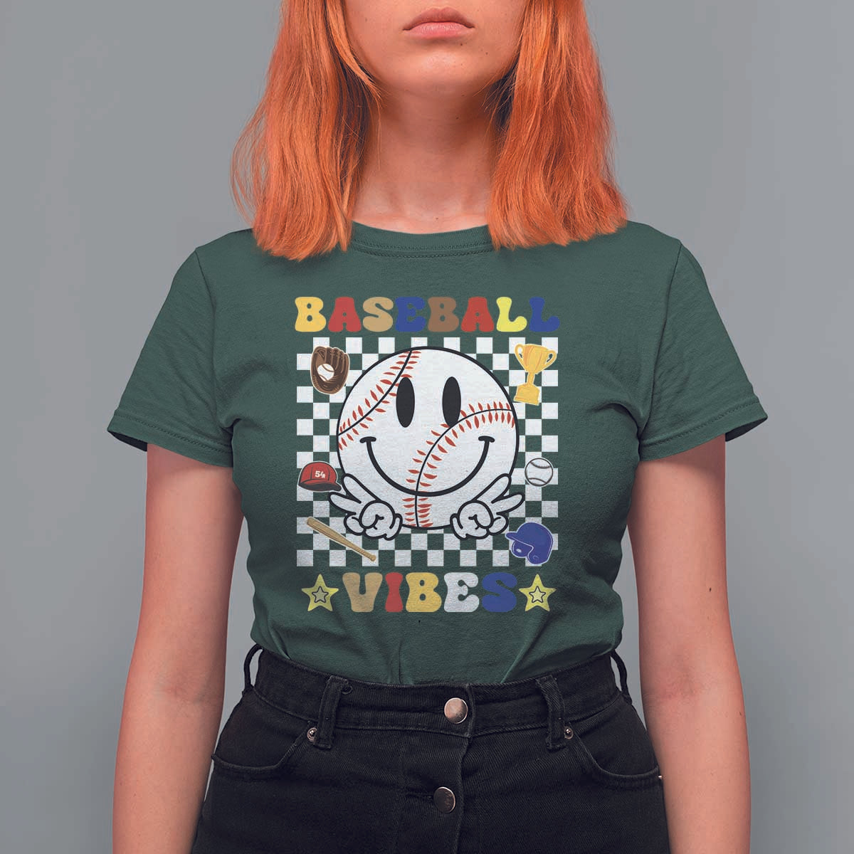 Funny Baseball Vibes T Shirt For Women Retro Groove Green Ball Smiley Face - Wonder Print Shop