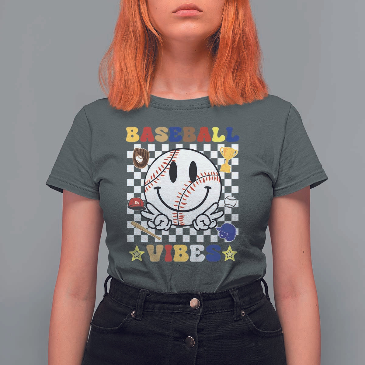 Funny Baseball Vibes T Shirt For Women Retro Groove Green Ball Smiley Face - Wonder Print Shop