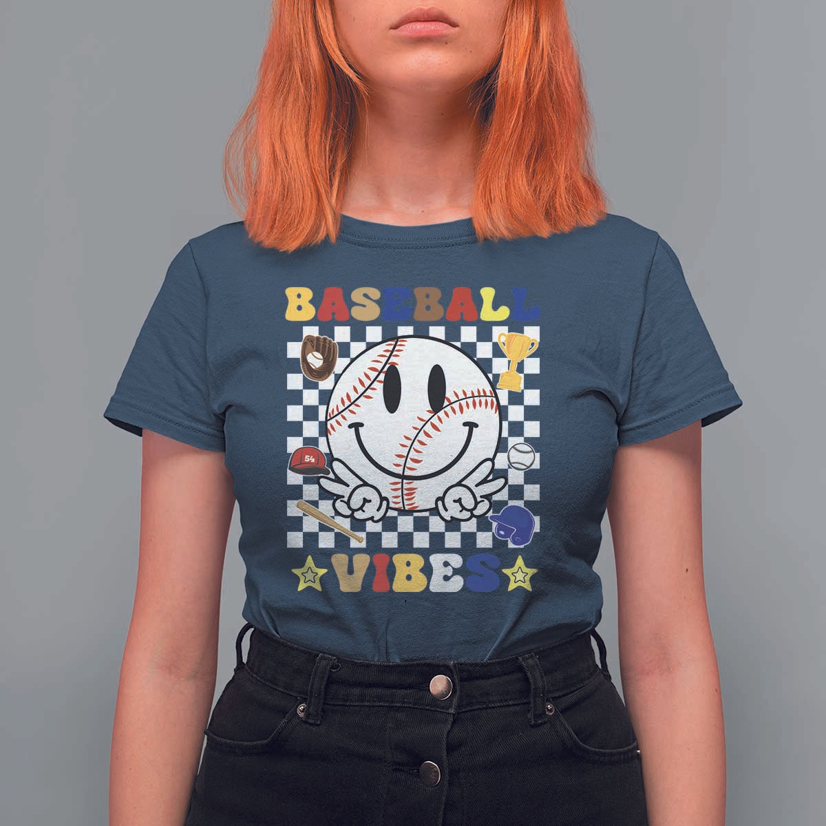 Funny Baseball Vibes T Shirt For Women Retro Groove Green Ball Smiley Face - Wonder Print Shop